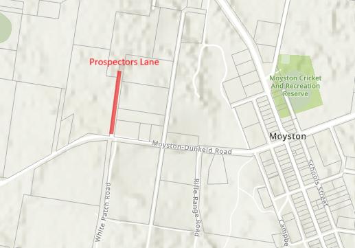 A map showing where Prospectors Lane, Moyston is.